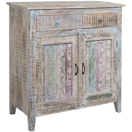 Two-Door Two-Drawer Occasional Cabinet with Multicolor Distressed Printblocking